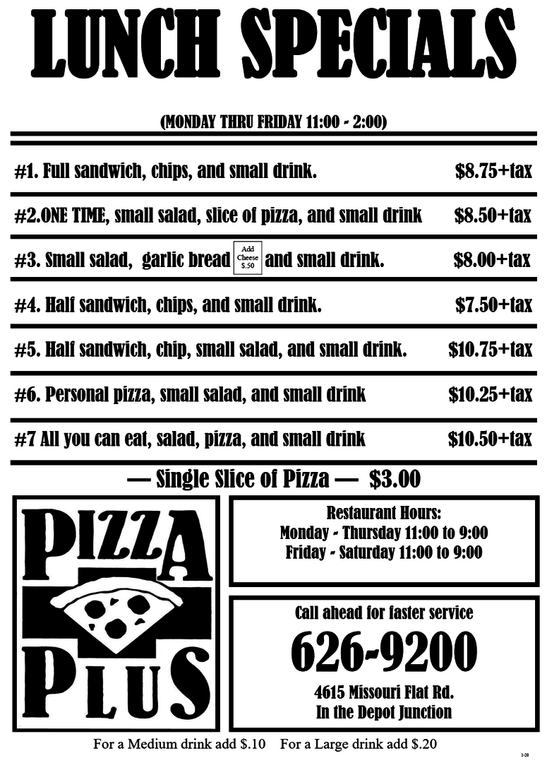 Pizza Plus in Placerville, CA 95667 Special Offers